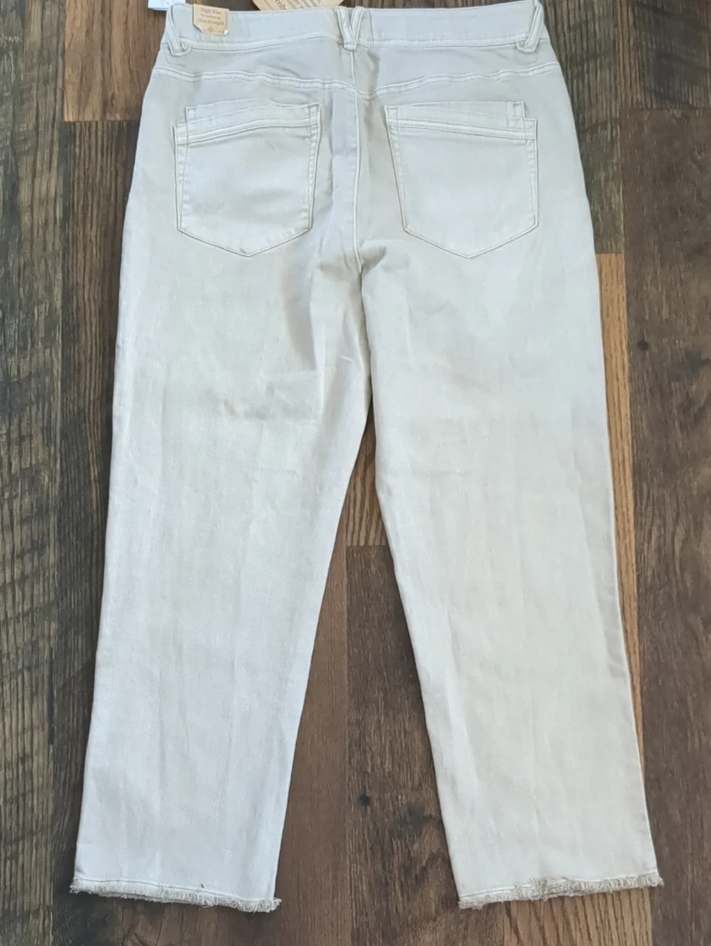 Democracy Cream Khaki Tan Women's High Rise Slim Straight Frayed Jeans, 14, NEW